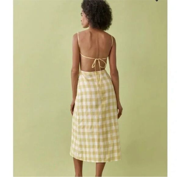 Reformation Nia Linen Open Back Midi Dress in Dandelion Check - Picture 5 of 10